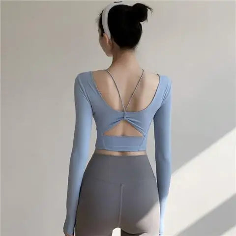 Yoga wear with chest pads long-sleeved T-shirt women's design beautiful back cutout short top