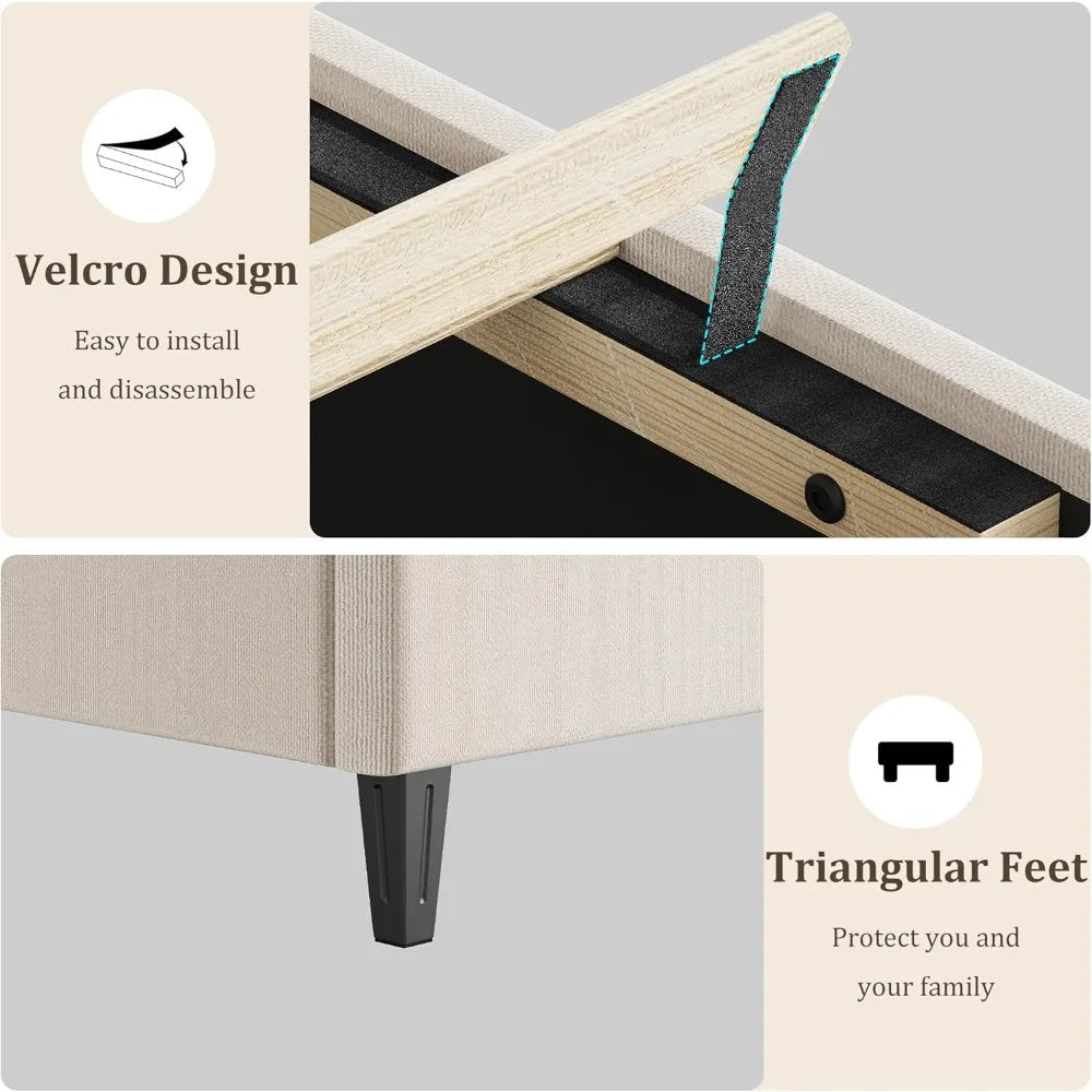 Beige King-Size Upholstered Headboard Bed Frame, Sturdy Wood Platform Base with Adjustable Headrest