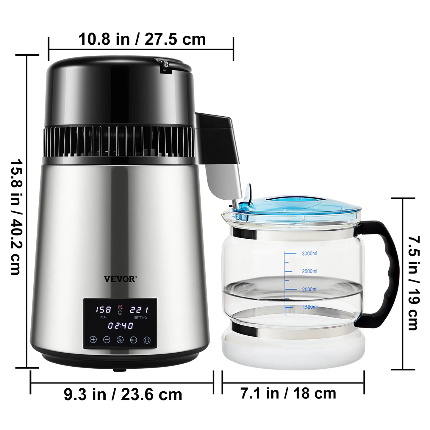 SucceBuy1.5L/HDistilling Speed 4L Water Distiller Treatmen Purifier Filter Touch Screen Time Setting 304Stainless Home Appliance