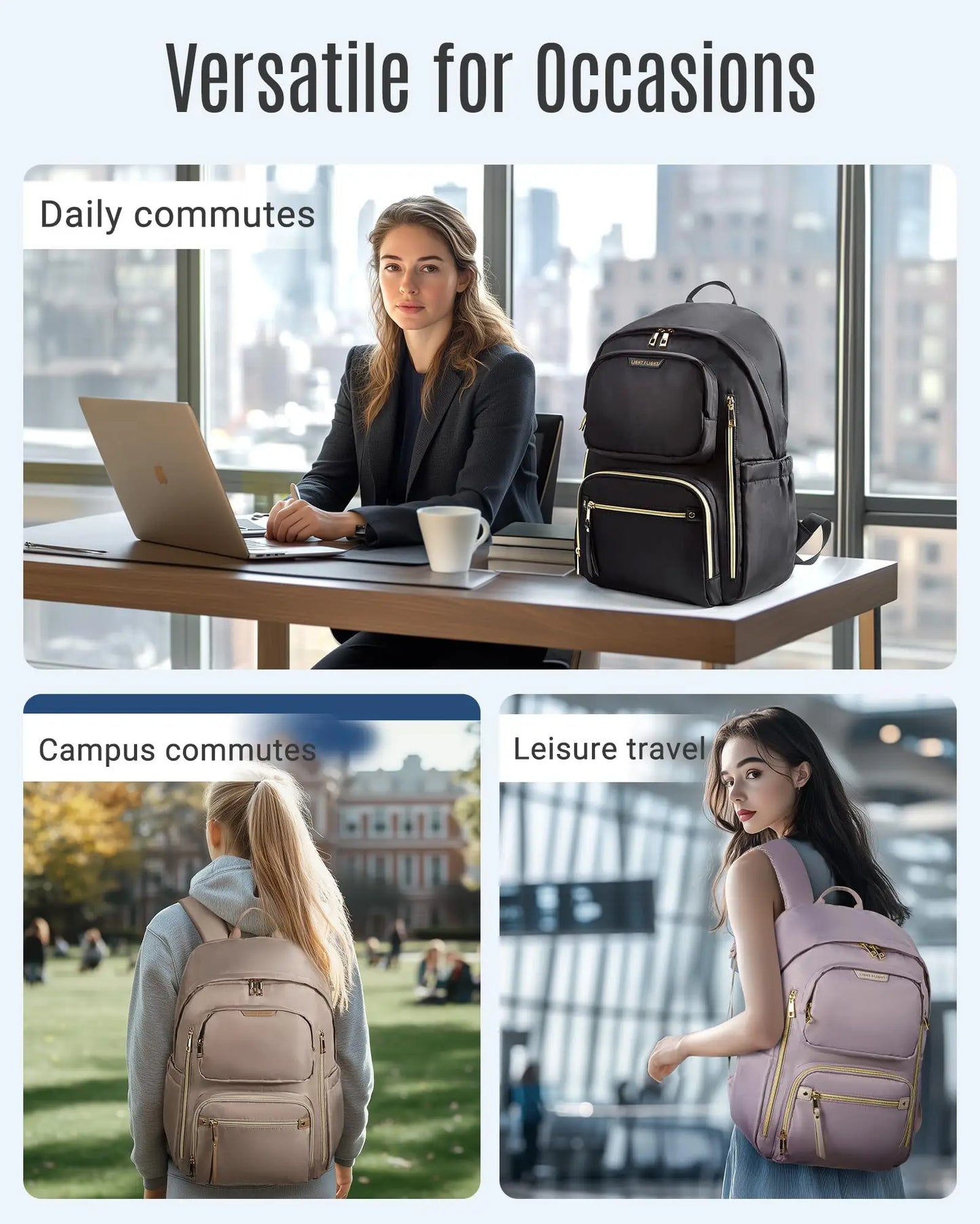 LIGHT FLIGHT Bags for Women Water-Resistant Laptop Backpack for 15.6 Inch Large Capacity Stylish Bookbag with USB Port