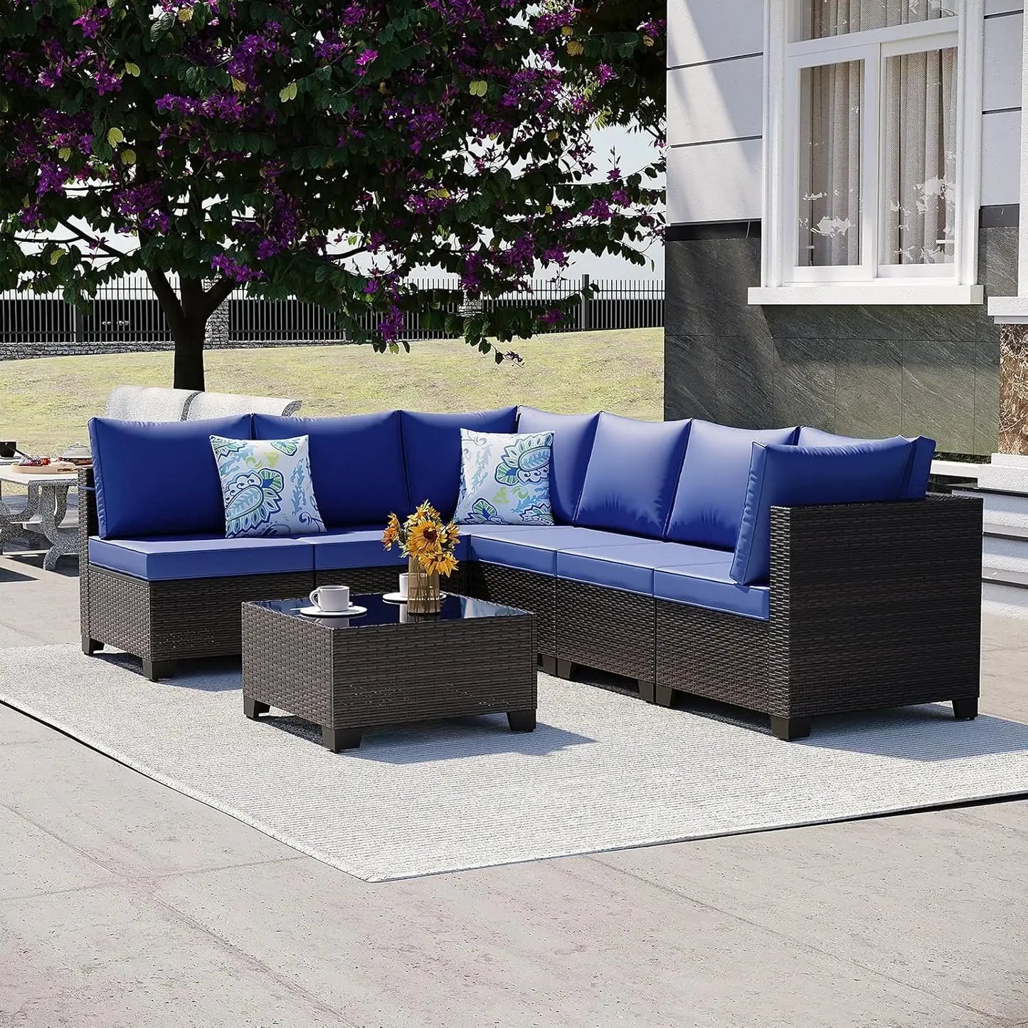 7-Piece Outdoor Conversation Set Rattan Sofa Patio Furniture with Wicker And Cushions for Garden Backyard