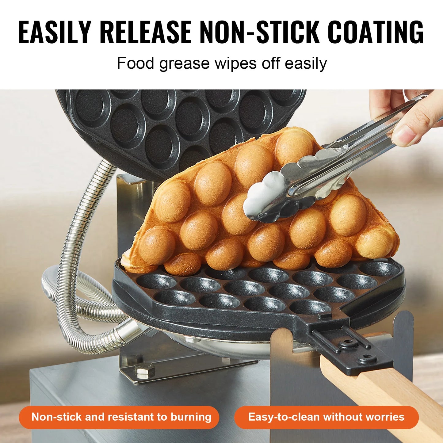 VEVOR Commercial Egg Bubble Waffle Maker 1400W Non-Stick Stainless Steel Bubble Puff w/180° Rotatable 2 Pans & Wooden Handles