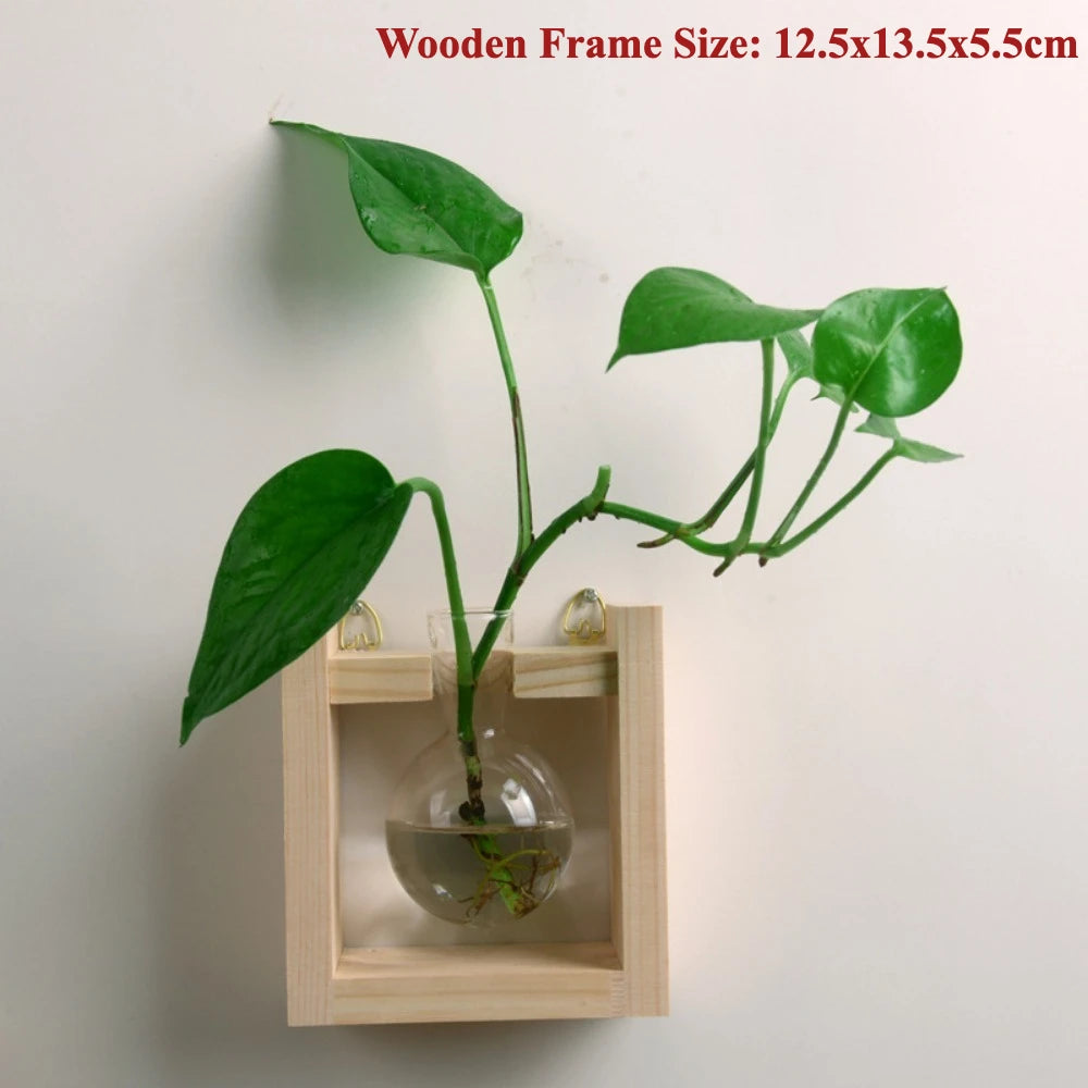 Creative Wooden Frame Hydroponic Flower Small Vase Plant Glass Bottle Container for Home Living Room Office Decoration