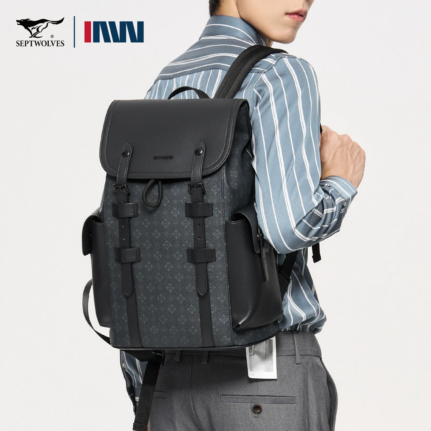 Septwolves Luxury Brand Classic Patterns Business Leather Backpack Man Drawstring Flip Designer 15.6 Inch Laptop Bags Rucksack