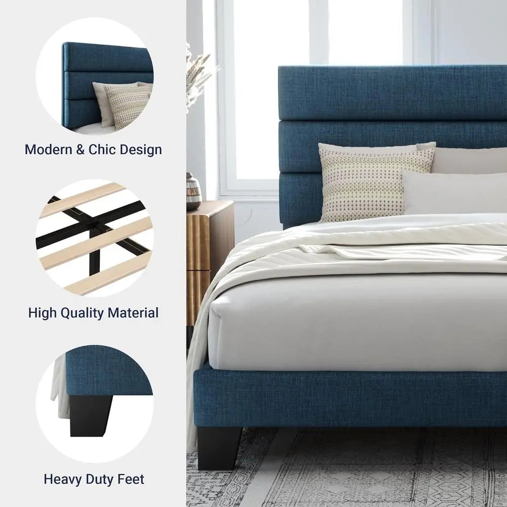 Navy Blue Queen Platform Bed Frame with Fabric Headboard, Wooden Slats, No Box Spring Needed, Easy Assembly