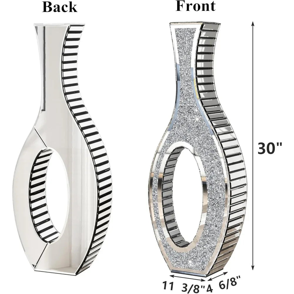 Floor Vase Crushed Diamond Mirrored Vase 30” Tall, Large Silver Tall Vases for Floor Crystal Hollow Decorative Glass Vase