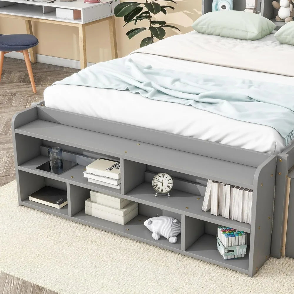 Gray Full Size Captain's Bed with Storage and Bookcase Headboard, Bed Frame for Bedroom, No Box Spring Needed