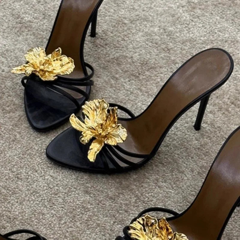 High-heeled Sandals for Women Fashion Pointed Head Shallow Mouth Crystal Flower Set Foot Anti-slip Wear Slippers