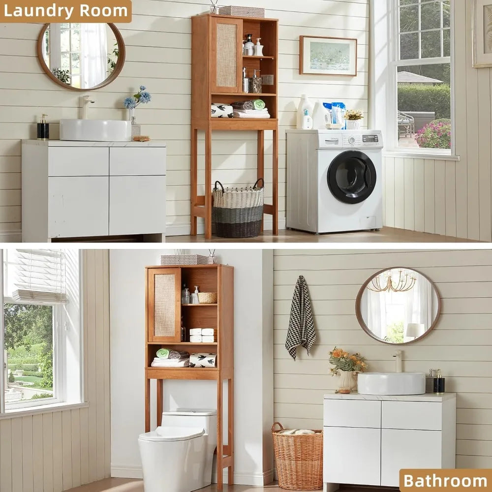 Over Toilet Storage Cabinet with Rattan Sliding Door, 68 Tall Wood Bathroom Organizer with Adjustable Shelves