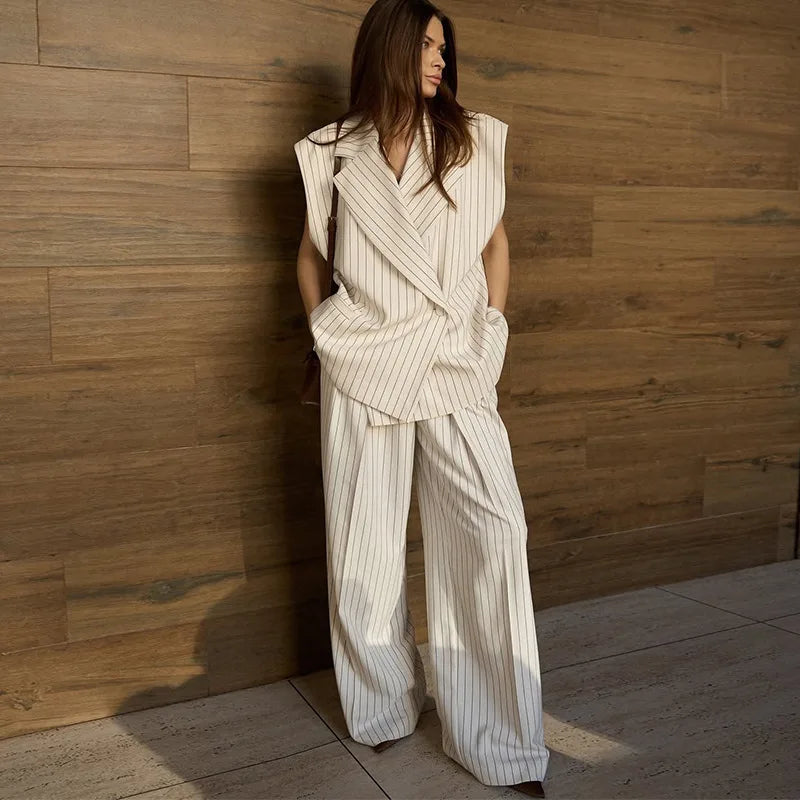 Women's Clothing 2025 Summer New Fashion Lapel Striped Vest Top Wide Leg Pants Casual Suit Temperament Commuting Two-piece Set