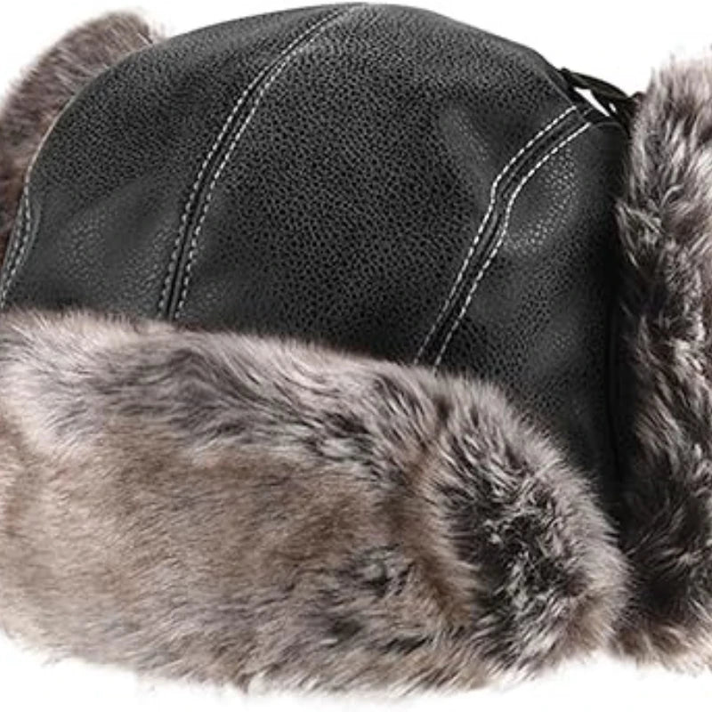 Unisex Aviator Hat Faux Leather Pilot Cap Winter Trapper Hunting Hat Windproof Russian Ushanka Thermal Thick Padded Winter Hat