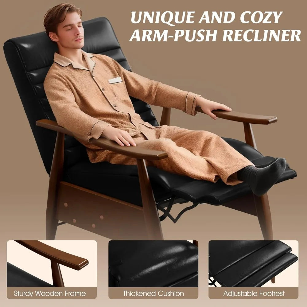Leather Recliner Chair, Mid Century Push Back Accent Chair, Comfortable Living Room Chair with Solid Wood Frame, High Back Loung