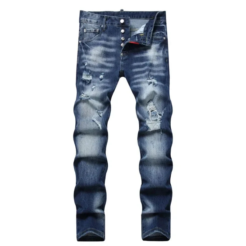 Streetwear Style Italian Men Blue Holes Denim Jeans Trousers Ripped Denim Long Pants High Quality Male Slim Denim Jeans Size 42