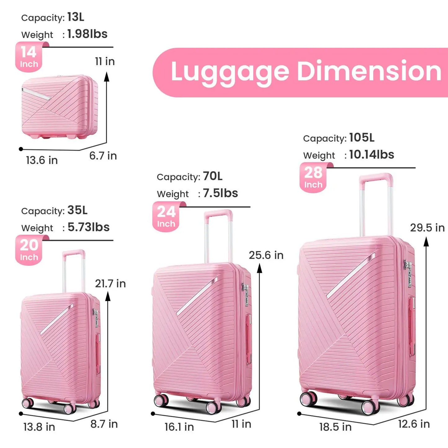 Luggage Sets 4 Piece(14/20/24/28), Expandable Lightweight Suitcase with 4 Double 360 Degrees Mute Spinner Wheels PP Materials