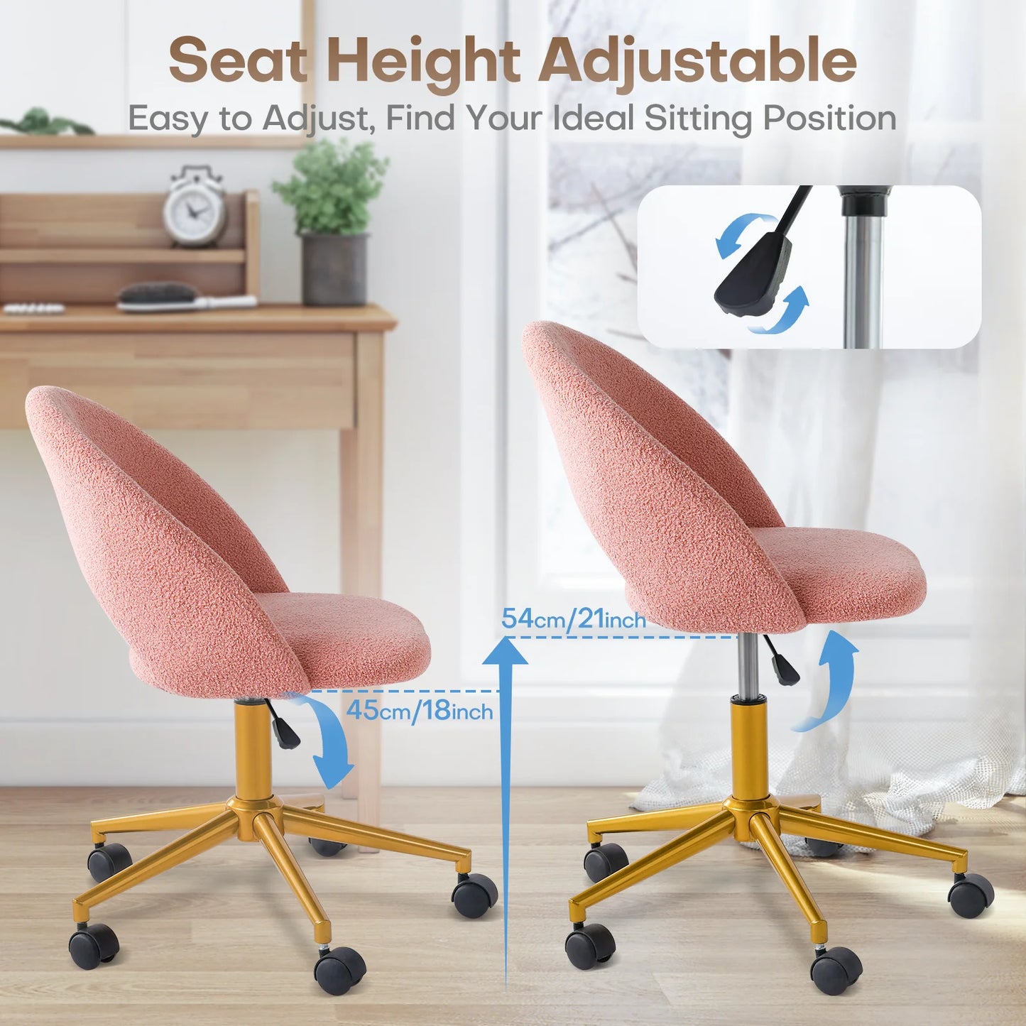 Redlife Velvet Desk Chair Vanity Chair with Gold Wheels Upholstered Adjustable Rolling Swivel Nail Stool for Living Room Bedroom