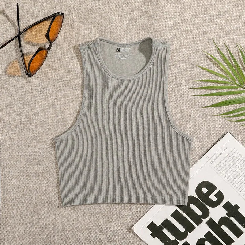 1pcs Solid Sleeveless Women Running Yoga Wear Clothing Slim Fit Quick Drying Ribbed Crop Tank Top