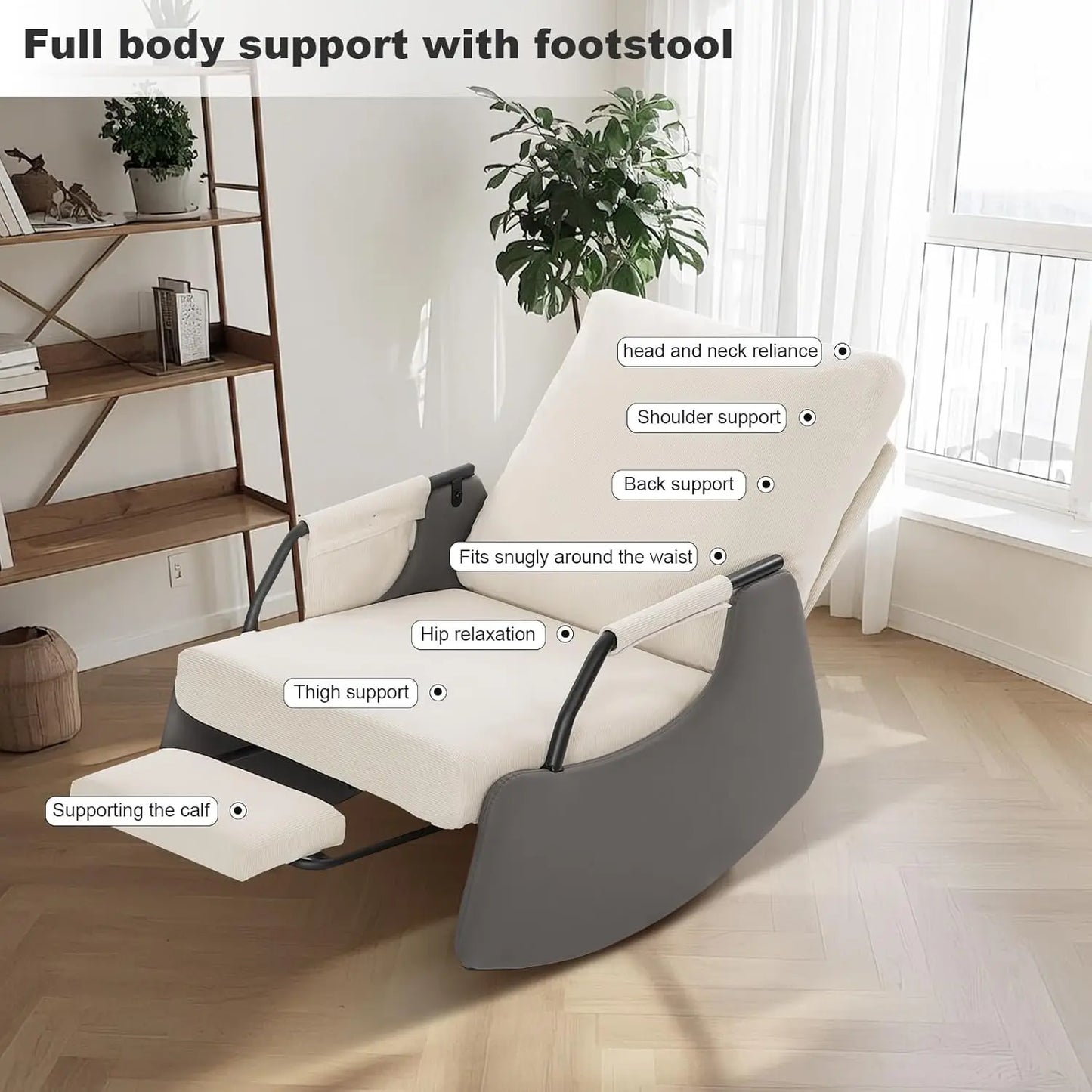 Rocking Recliner Chair Modern Sofa Chairs Upholstered Plush Seating Glider Recliner Chair with Side Pocket 3 Levels Adjustment