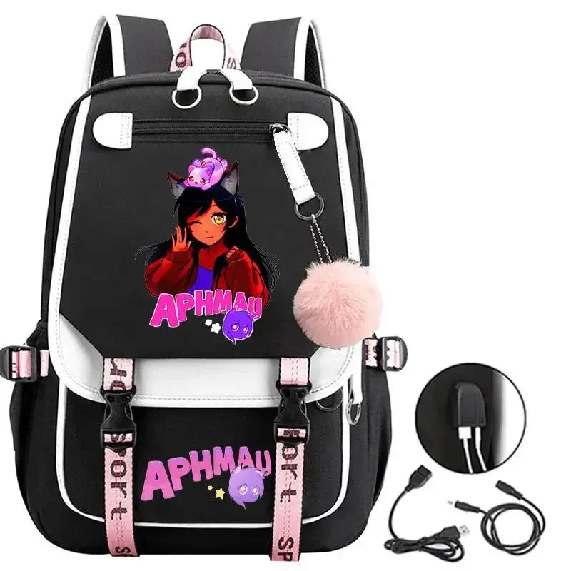 Aphmau print backpacks fashion USB charging school bags for teenage girls laptop bag cartoon bookbag students rucksack