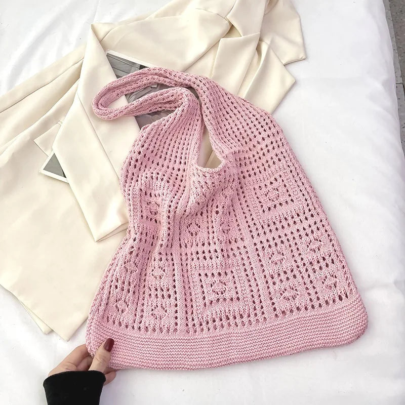 Women'S Shopping Bag Vintage Knitted Shoulder Bag Handmade Crochet Bag Slouchy Hollow Out Handbag For Shopping Women'S Casual