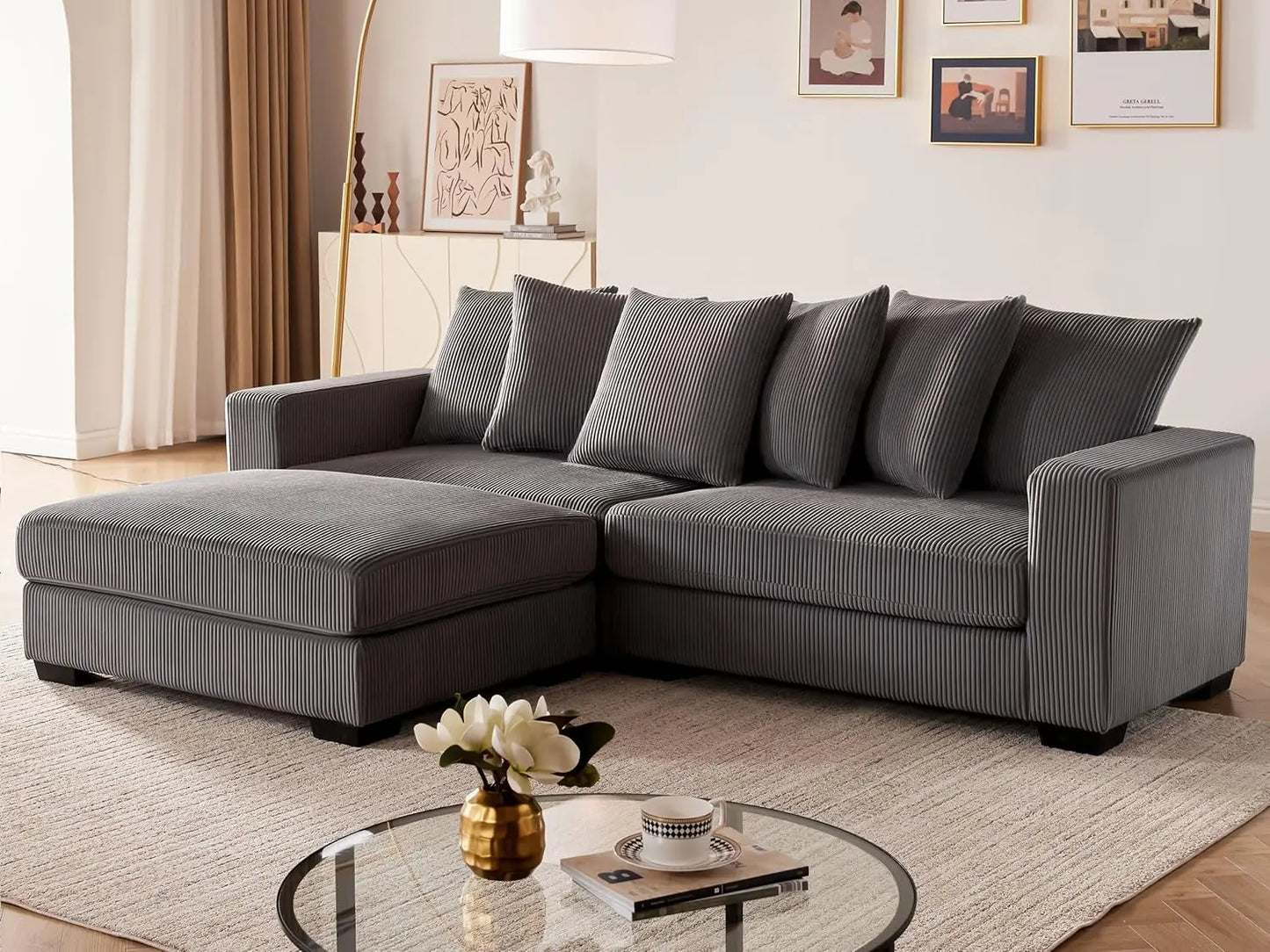 101.6" Deep Seat Modular Sectional Sofa, Comfy Corduroy Sectional Couches for Living Room, L-Shaped Upholstered Cloud Couch with
