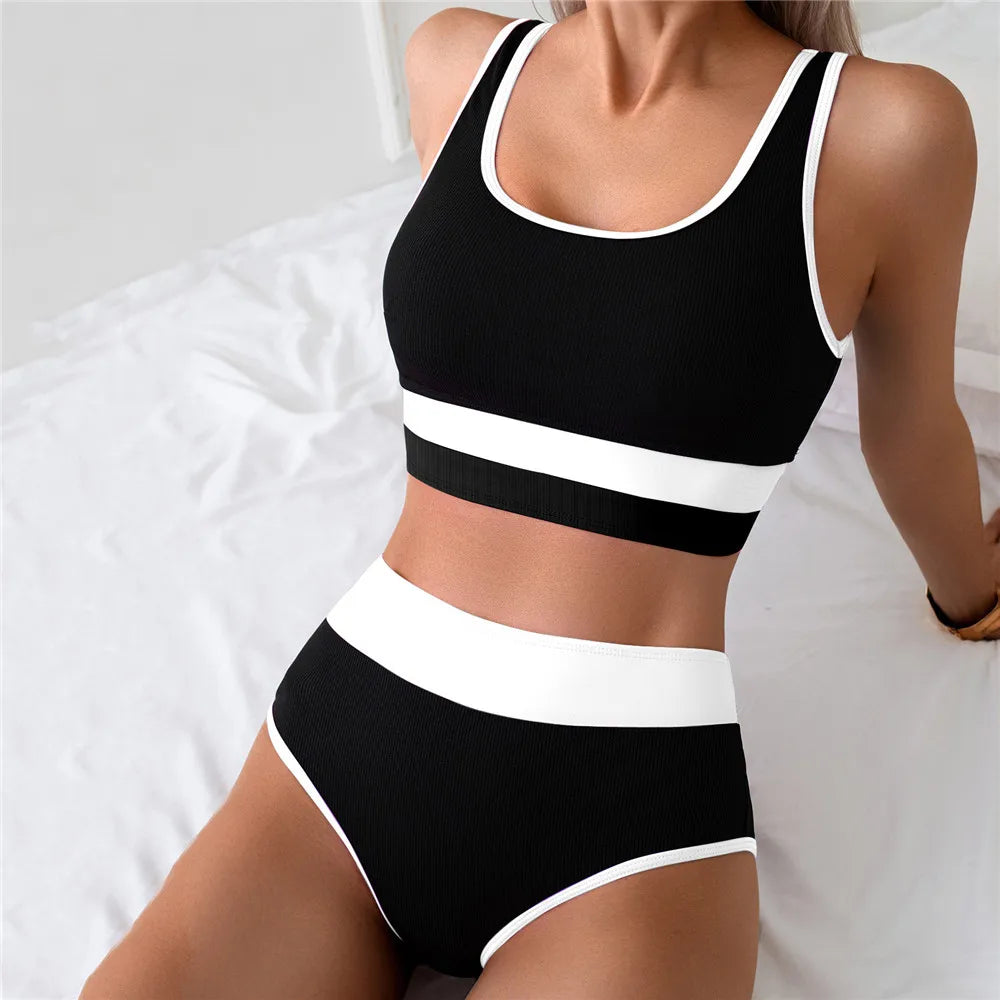 Black Pink Patchwork Ribbed Swimwear Bandeau High Waist Bikini Sports Sexy Swimsuit Women Bathing Suit Bikinis Sets De Mujer