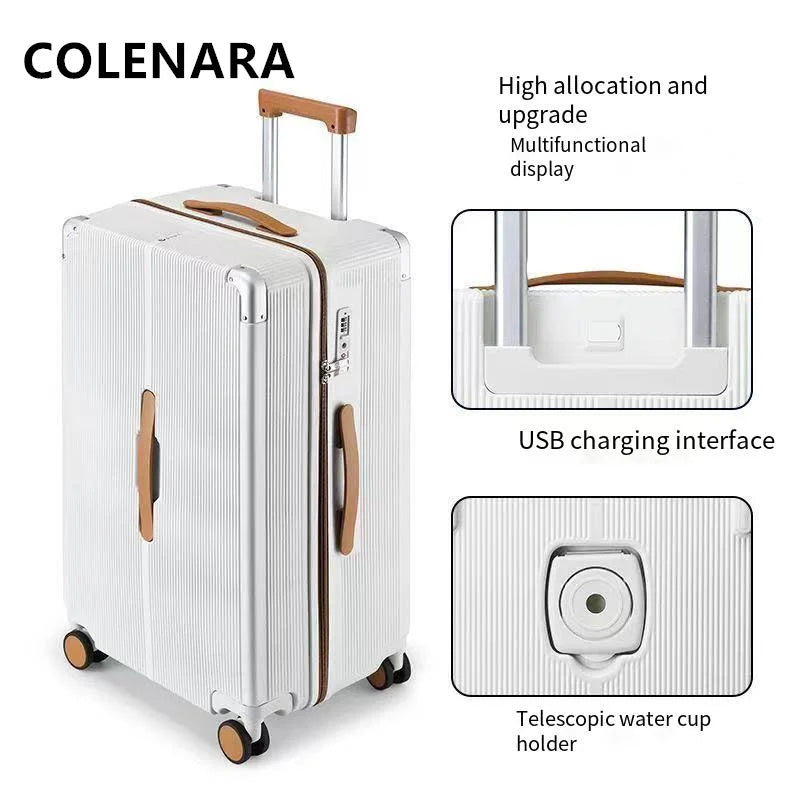 COLENARA High Quality Suitcase 20"24"26"28 Inch Boarding Box Men's Aluminum Frame Trolley Case ABS+PC Women's Zipper Luggage