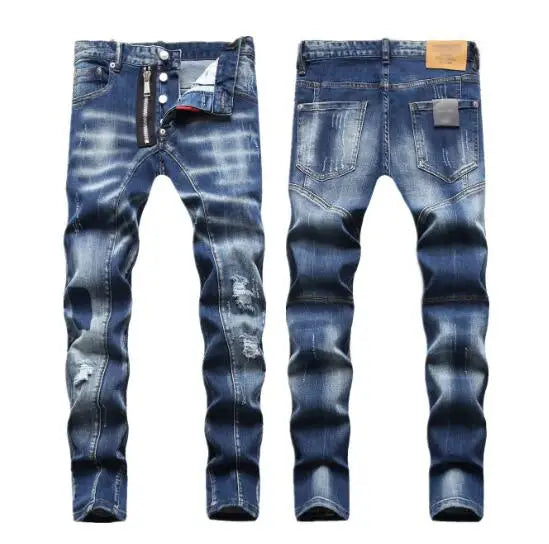 Streetwear Style Italian Men Blue Holes Denim Jeans Trousers Ripped Denim Long Pants High Quality Male Slim Denim Jeans Size 42