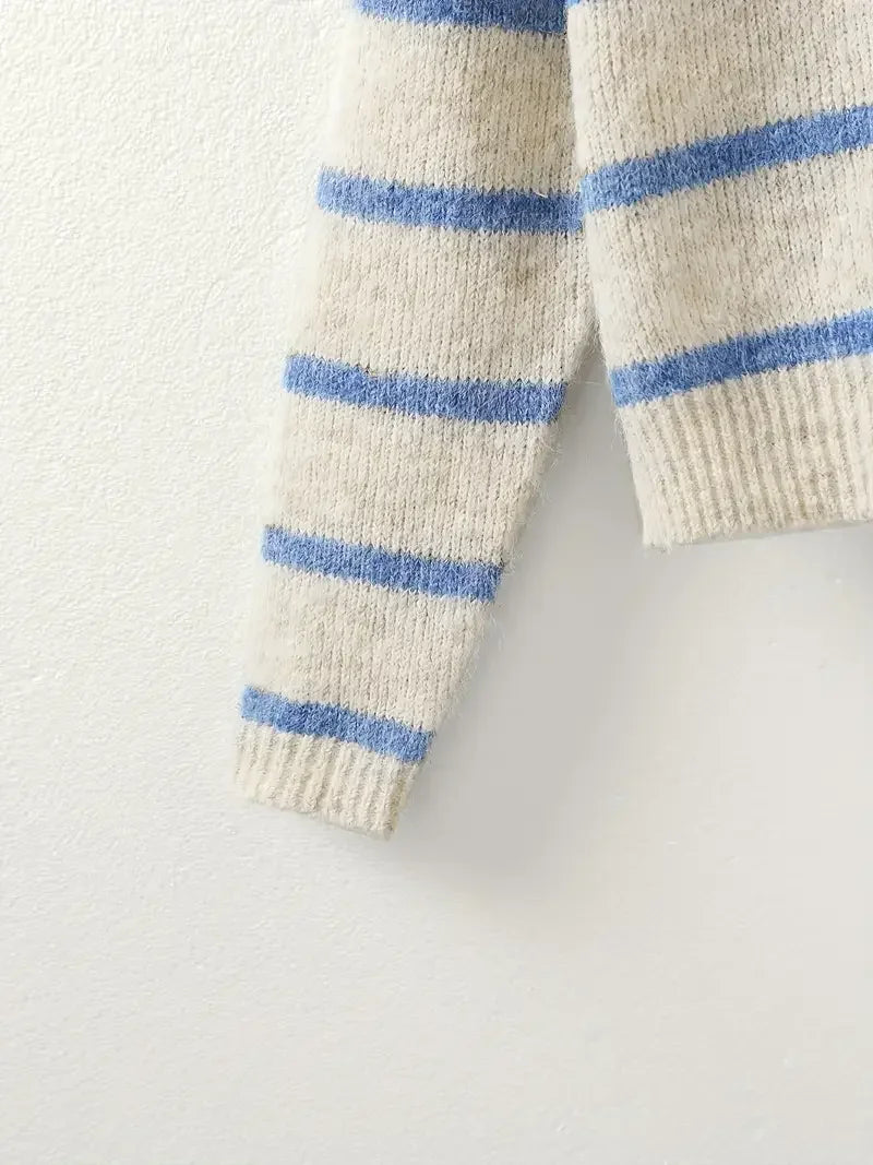 Women's Fashion Casual POLO Collar Striped Knitted Hoodie Soft and Comfortable Intercolor Sweater