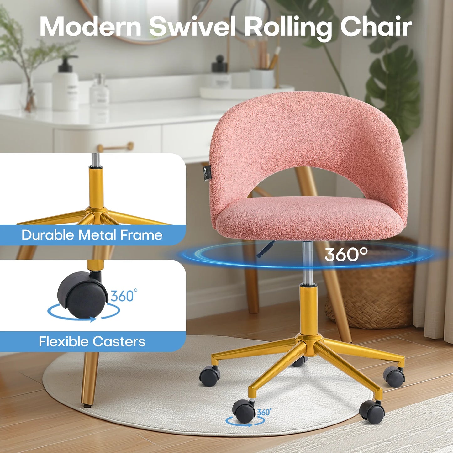 Redlife Velvet Desk Chair Vanity Chair with Gold Wheels Upholstered Adjustable Rolling Swivel Nail Stool for Living Room Bedroom
