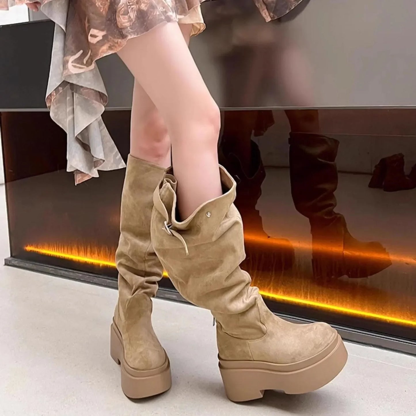 Women's Fashion Thick Heels Knee High Boots Khaki Flock Slip on Western Boots Woman Spring Autumn Soft Leather Short Botas Mujer