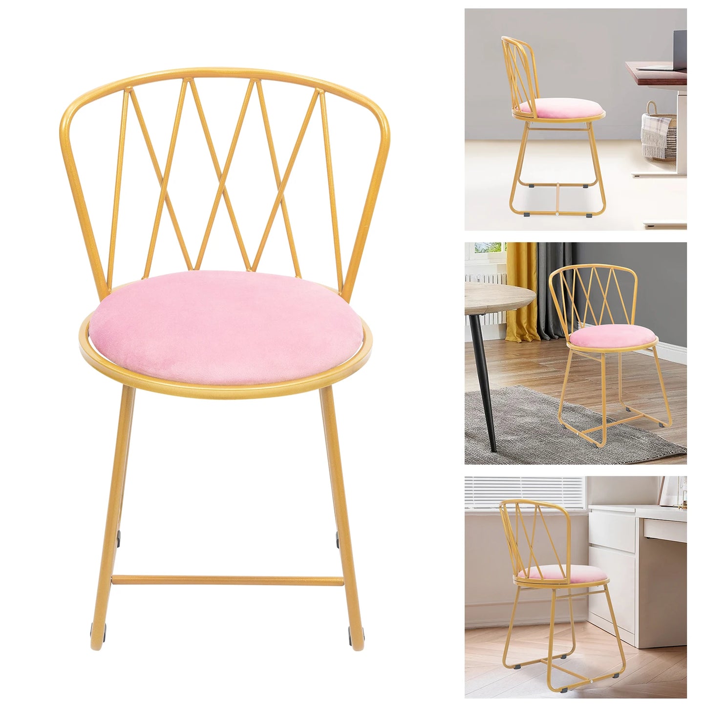 Modern Glam Vanity Stool Elegant Makeup Chair Soft Round Seat, Chic Metal Legs Light Luxury Style with Soft Cushion