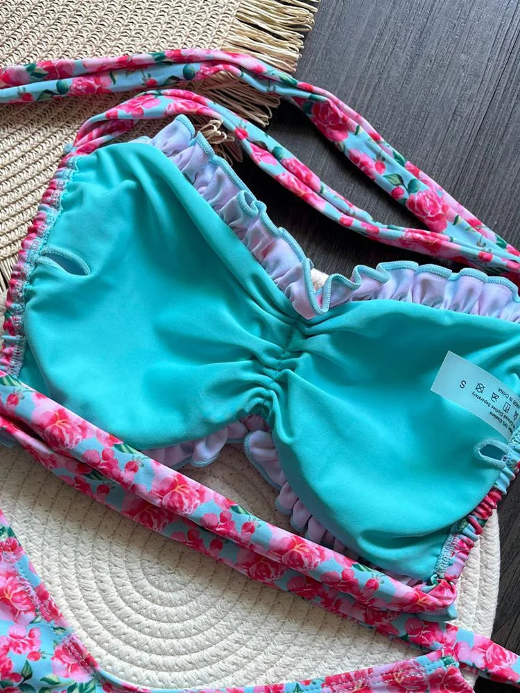 Sexy Print Strapless Bikinis 2 Piece Set Women Split Swimsuit High Waist Backless Laced Up Bikinis 2025 New Summer Bikinis Set