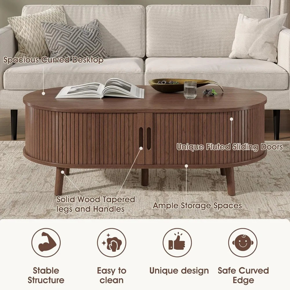 mid-century modern coffee table with sliding door and fluted hidden storage