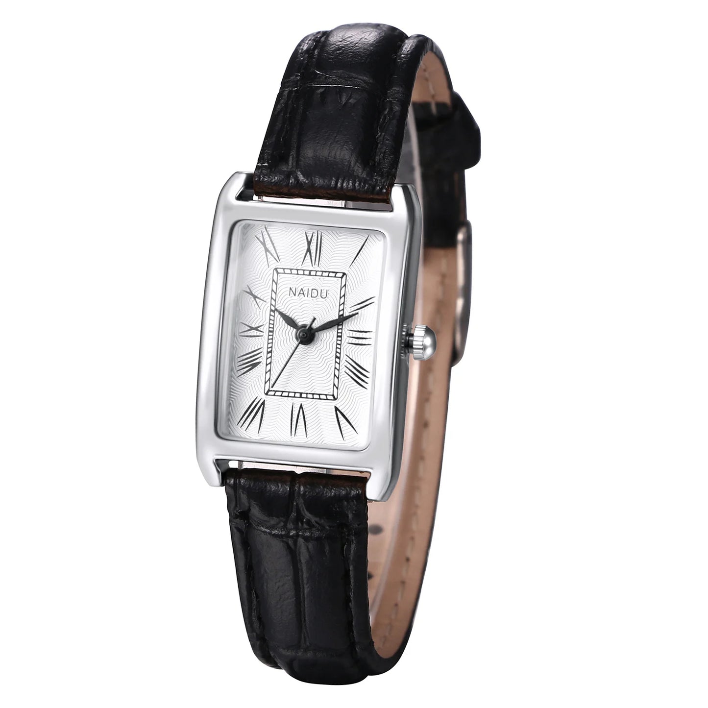 Lancardo Leather Rectangular Women Small Watch Silver Rectangular Roman Numerals Premium PU Strap Black Women's Exquisite Watch