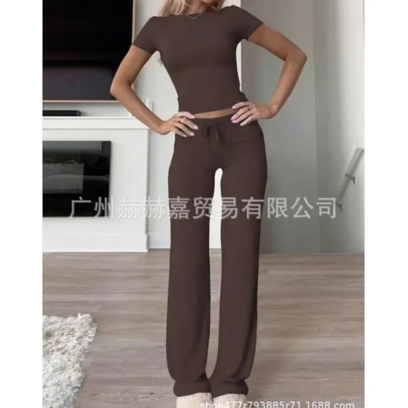 Spring Women's Two-piece Set 2025 New Casual Suit Short Sleeved Slim Fit Top Long Pants Home Wear Sportswear Yoga Wear For Women