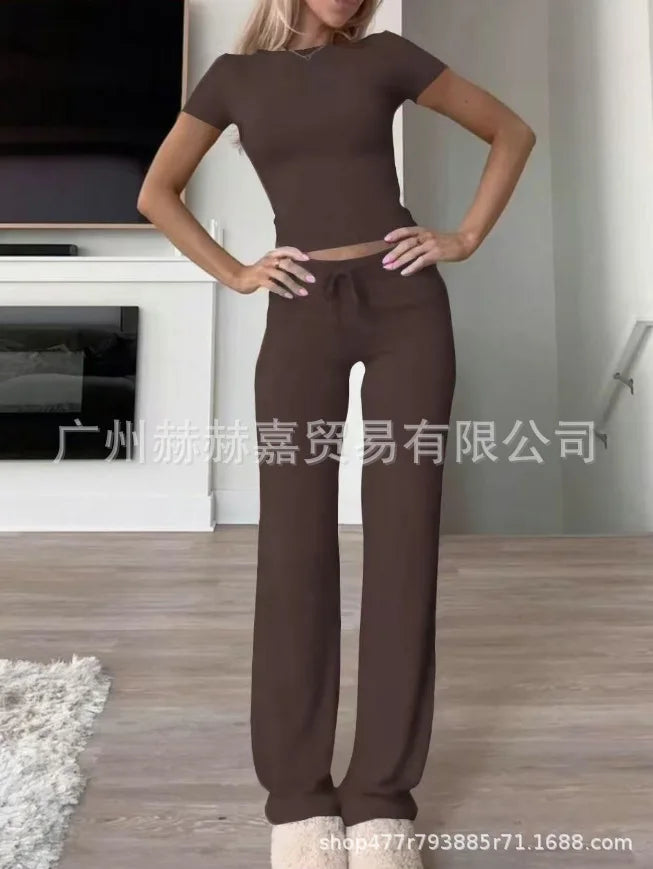Spring Women's Two-piece Set 2025 New Casual Suit Short Sleeved Slim Fit Top Long Pants Home Wear Sportswear Yoga Wear For Women