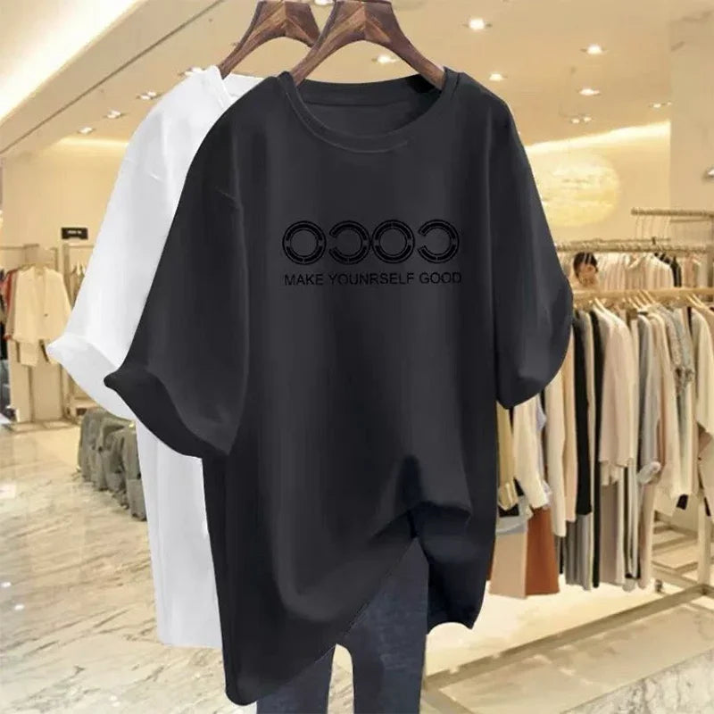 Women Clothing Chic Printed T-shirt, Summer, Pure Cotton, Short Sleeve O-neck Pullovers, Basics Tees Top