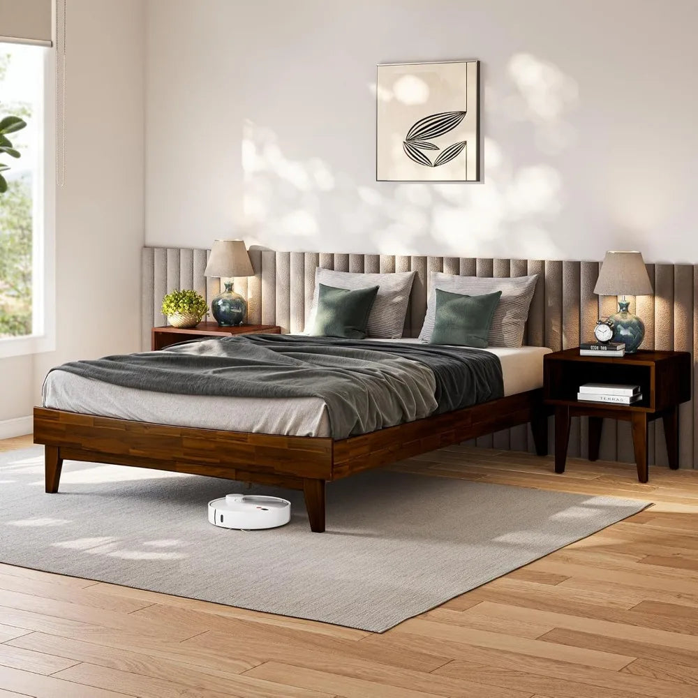 Acacia Wood Modern Low Profile Bed Frame, Queen Size, Without Headboard