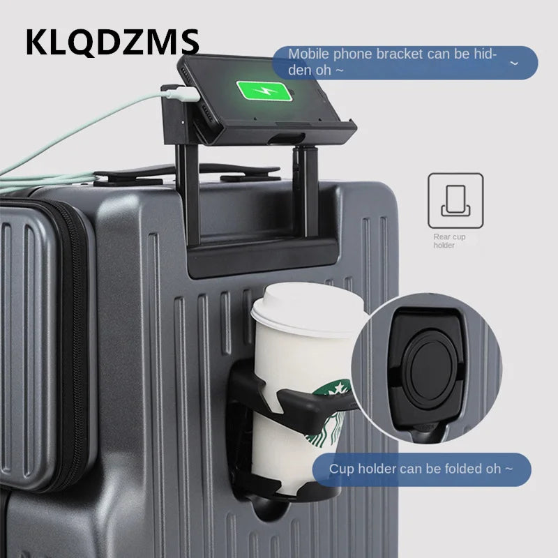KLQDZMS Multifunctional Suitcase Front Opening Boarding Case USB Charging Trolley Case 20 Inch ABS + PC Laptop Cabin Luggage
