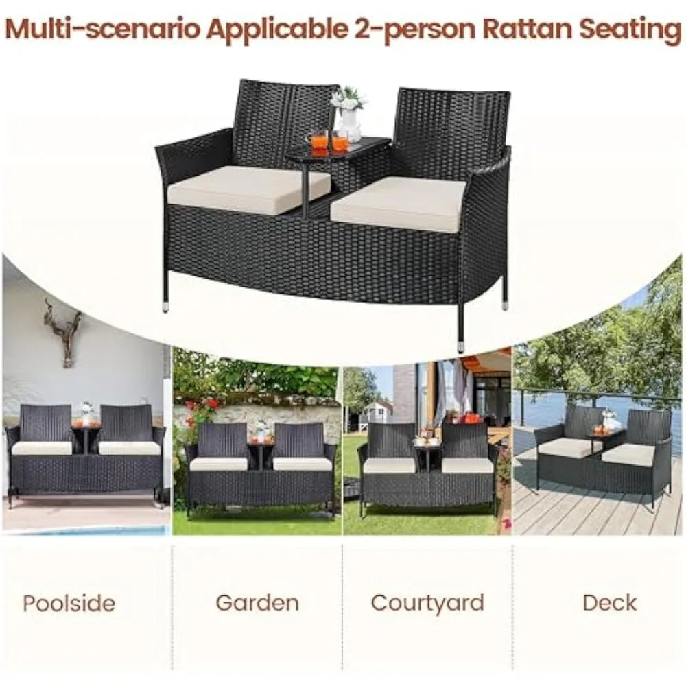 Patio Loveseat, Outdoor Wicker Double Chair w/Side Table, PE Rattan Furniture Set for Two People, Love Seat w/2 Removable Cushi