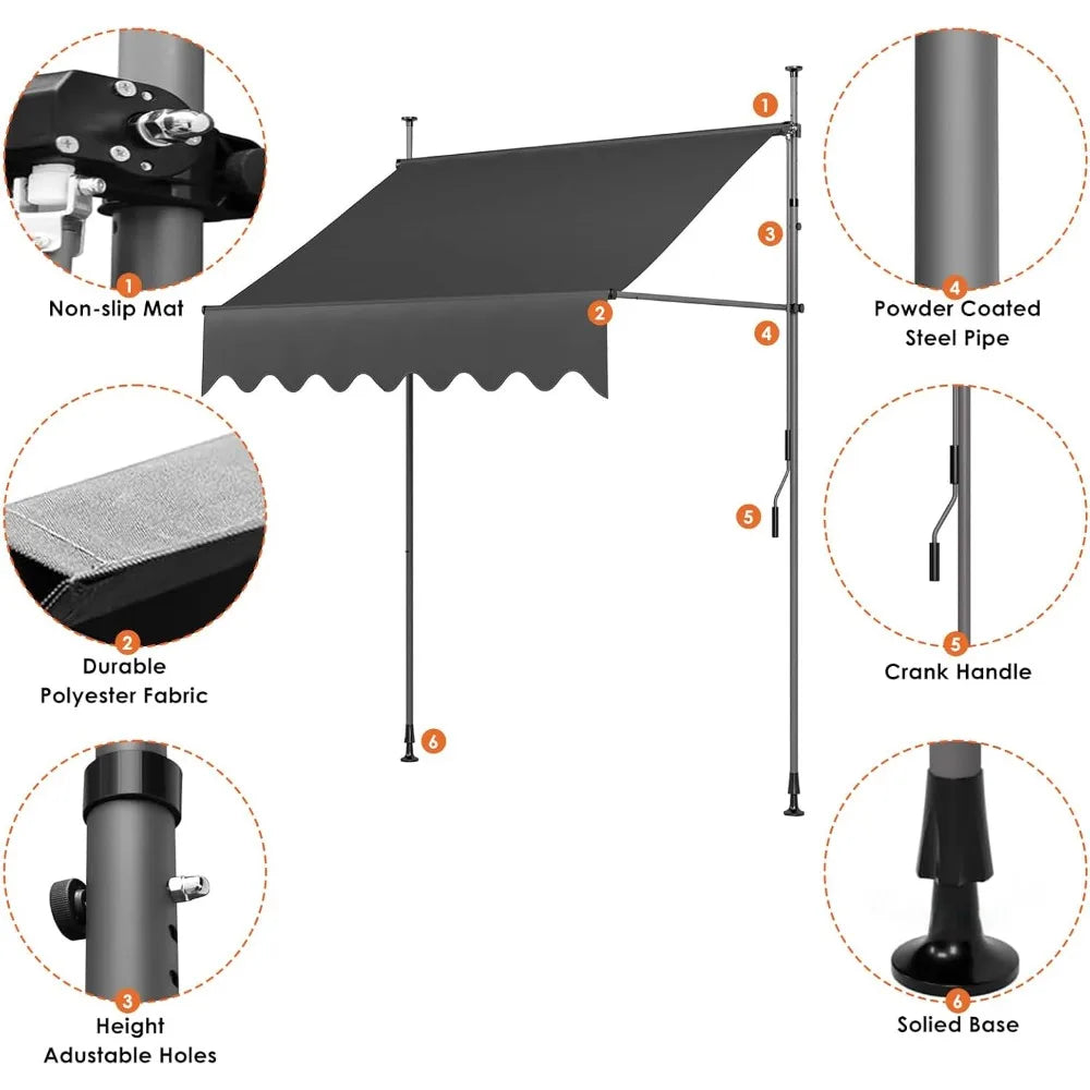 Manual Retractable Awning 138"x118", Retractable awnings for Patio, Door, or Window - No Drilling Required, Canopy