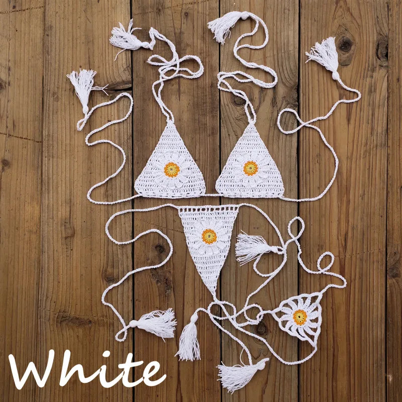Hand crochet Cottom Thong String Daisy Applique Mini Bikini Swimwear Sunbathing Micro Swimwear