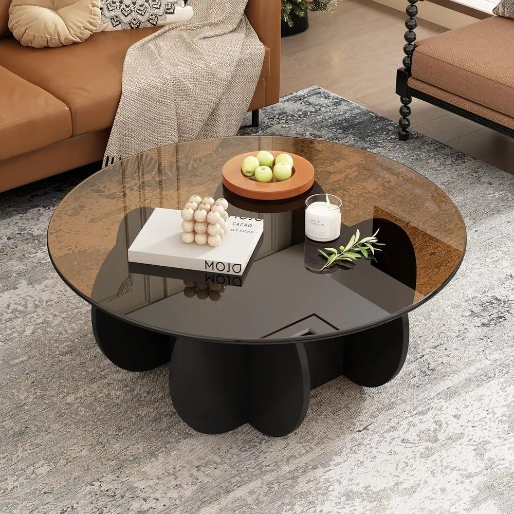 Mid-Century Modern 31.5 Round Glass Coffee Table, Black & Brown, Ideal for Small Spaces & Home Offices