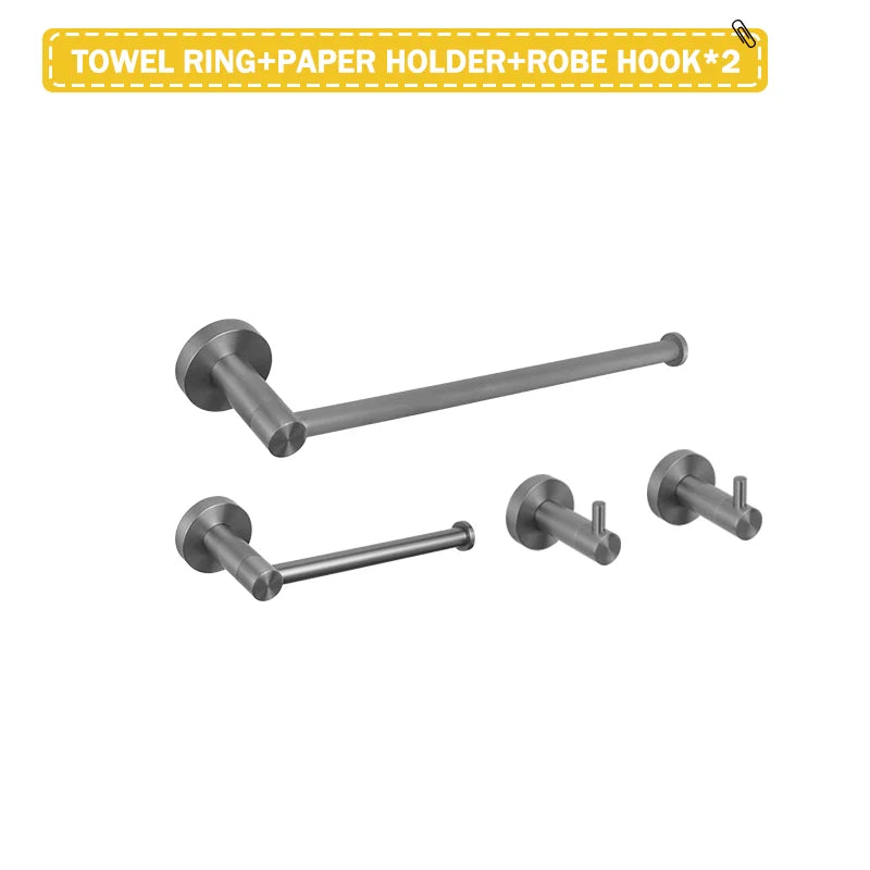 Grey Bathroom Hardware Set Accessories Kit Stainless Steel Round Wall Rack Hand Bar Toilet Roll Paper Holder Robe Towel Hook