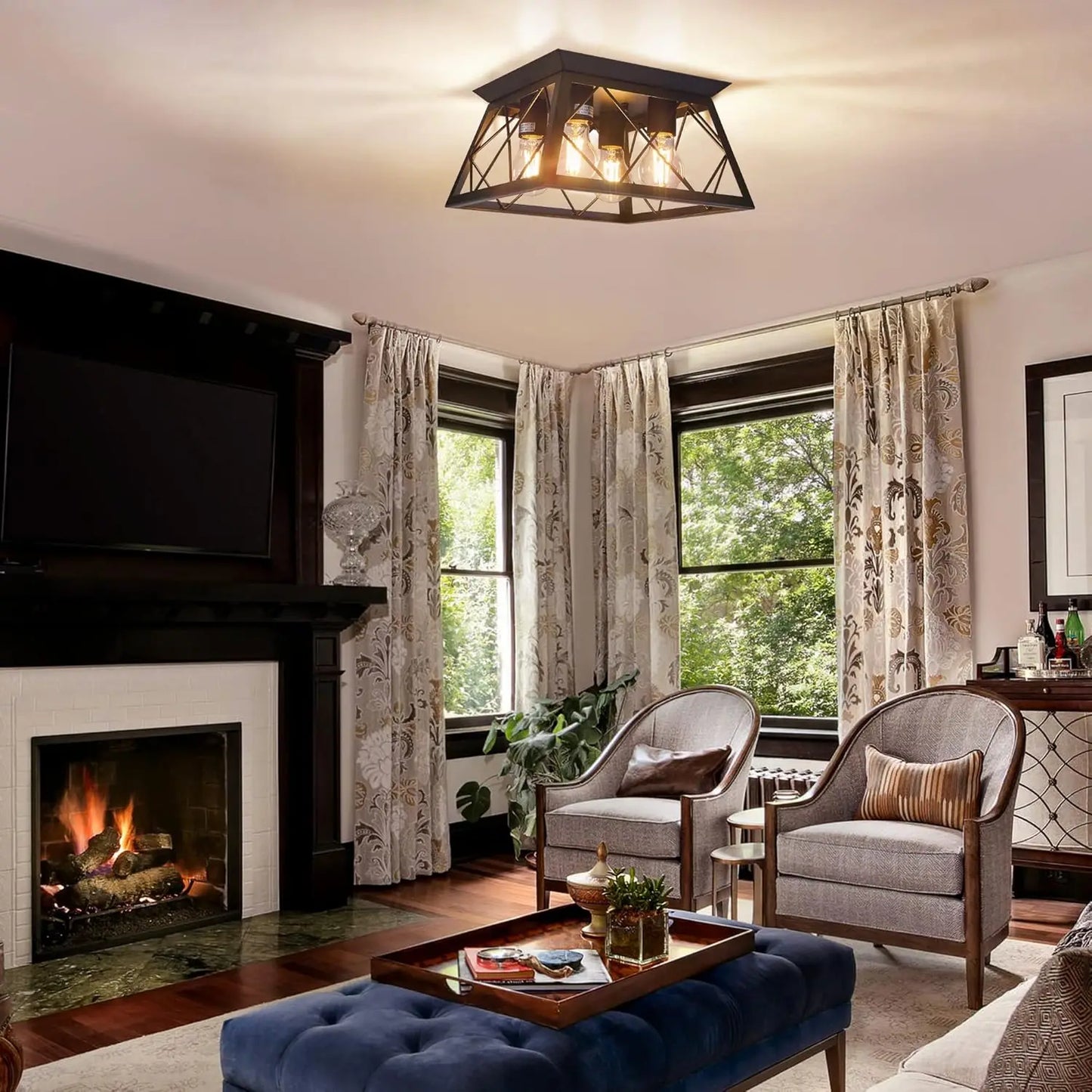 4-Light Black Flush Mount Ceiling Light for Kitchen Hallway, Industrial Close to Ceiling Lighting, Farmhouse Square Ca