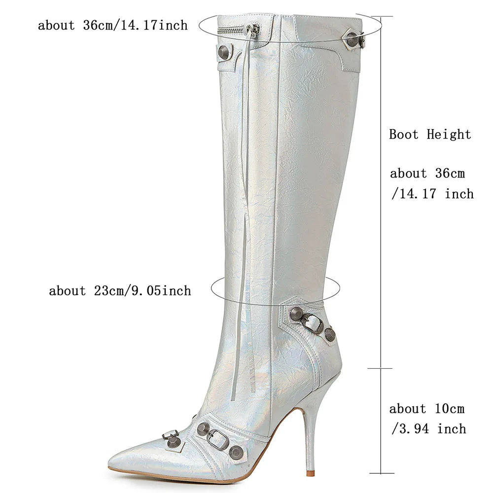 DoraTasia Stiletto High Heeled Women Knee High Boots Pointed Toe Back Zipper Tassel Matel Rivet Fashion Boots Street Snap Shoes