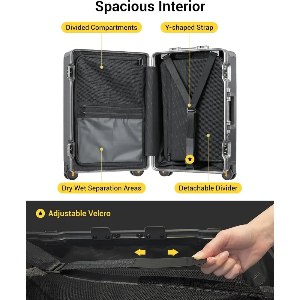 LEVEL8 Zipperless Carry On Luggage Airline Approved with Aluminum Frame, Hard Shell Suitcase with Spinner Wheels, Metal Checked