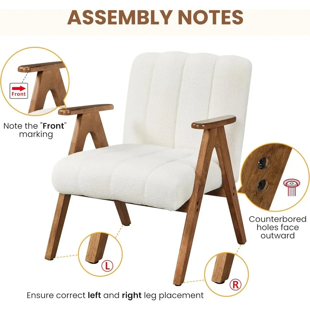 Boucle Fabric Mid Century Accent Chair Set of 2, Modern Upholstered Living Room Chairs with Solid Wood Legs