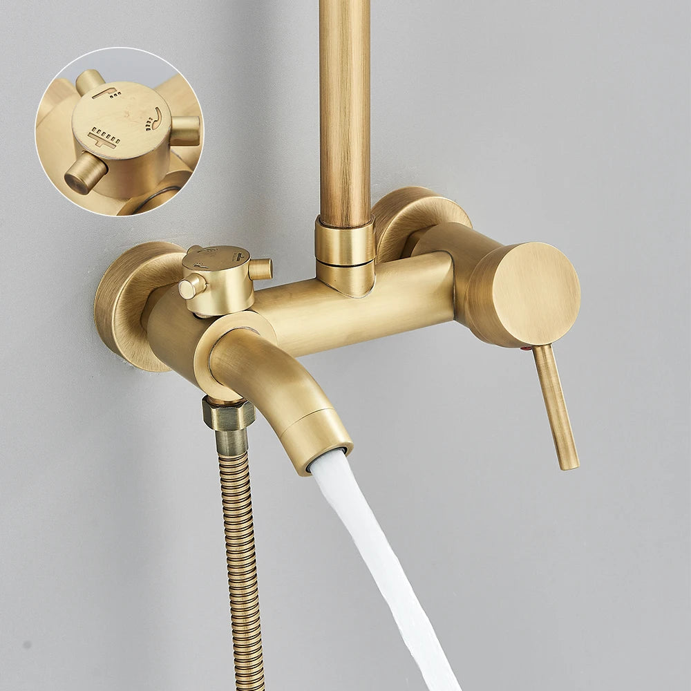 Antique Brass Bathroom Shower Faucet Sets Rainfall Head Wall Mounted Mixer Tap Hot and Cold Taps