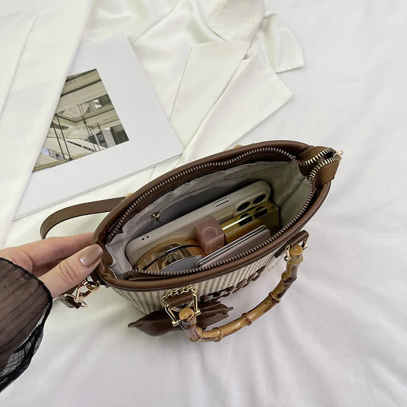 Women's Bag 2025 New Fashion Luxury Personality Versatile Trend Bucket Bag Straw Bamboo Tote Bag Shoulder Bag